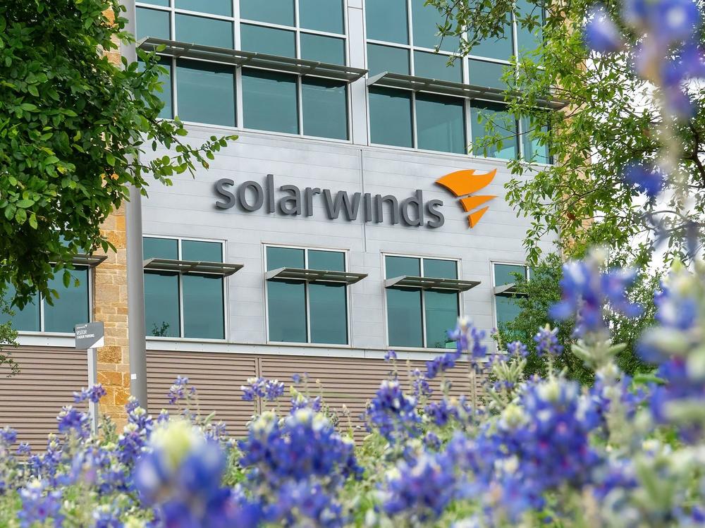 The SolarWinds Corp. logo is seen at the headquarters in Austin, Texas in April.