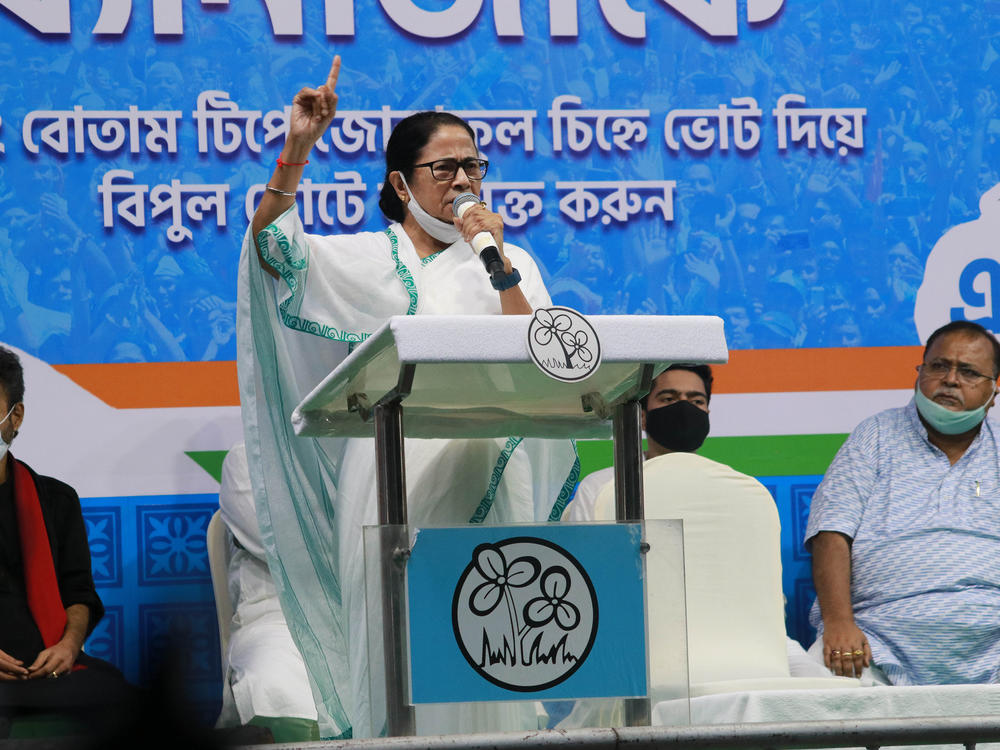 West Bengal Chief Minister Mamata Banerjee speaks during a by-election campaign in Kolkata on Sept. 26. Famous for her fiery speeches and welfare programs geared toward women, Banerjee, 66, is beloved in her home state. This year, <em>Time</em> magazine included her in its list of the world's 100 most influential people.