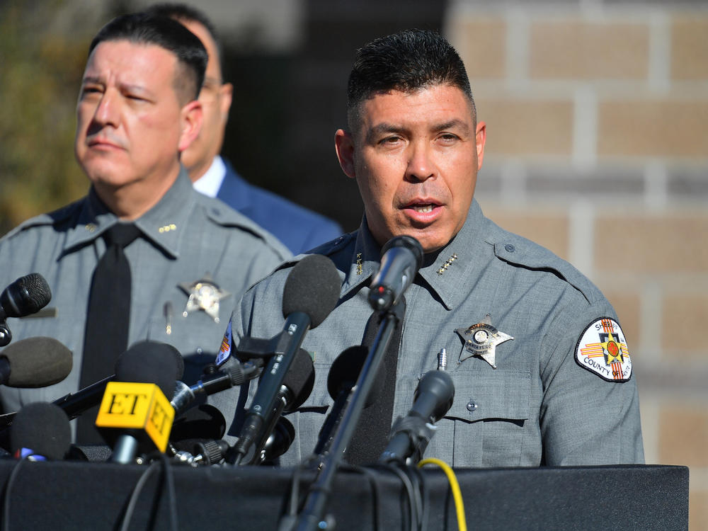 Santa Fe County Sheriff Adan Mendoza speaks during a press briefing Wednesday.