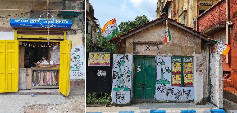 Political flags and graffiti in Kolkata bear the symbol of the All India Trinamool Congress, the regional political party Mamata Banerjee founded.