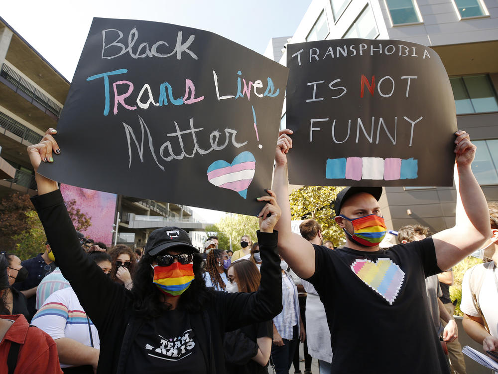 Protesters during an Oct. 20 walkout by Netflix employees, activists, public figures and supporters.