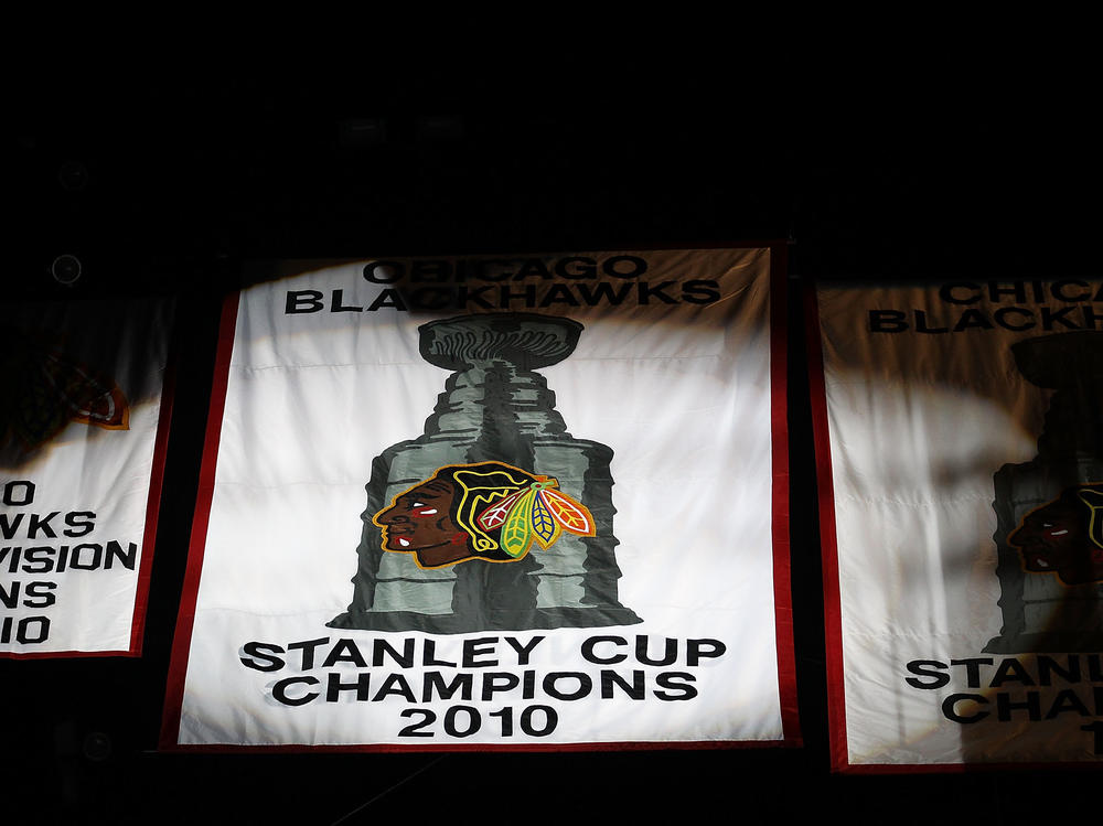 The 2010 Stanley Cup Championship banner is featured during a ceremony before the Chicago Blackhawks home opener in October 2010.