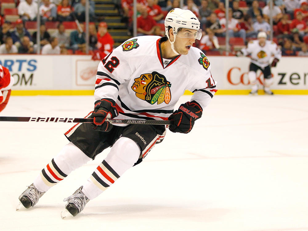 Kyle Beach #12 of the Chicago Blackhawks skates against the Detroit Red Wings during a preseason game in September 2010 at the Joe Louis Arena in Detroit.