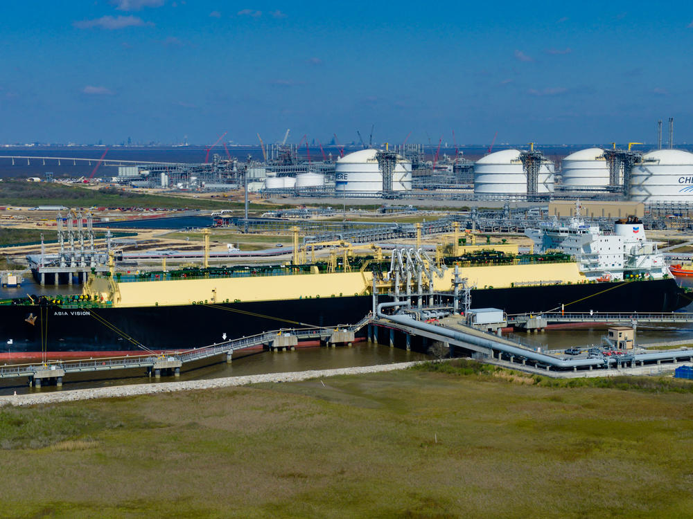 The Asia Vision LNG carrier ship sits docked at the Cheniere Energy Inc. terminal in this aerial photograph taken over Sabine Pass in Texas in 2016.