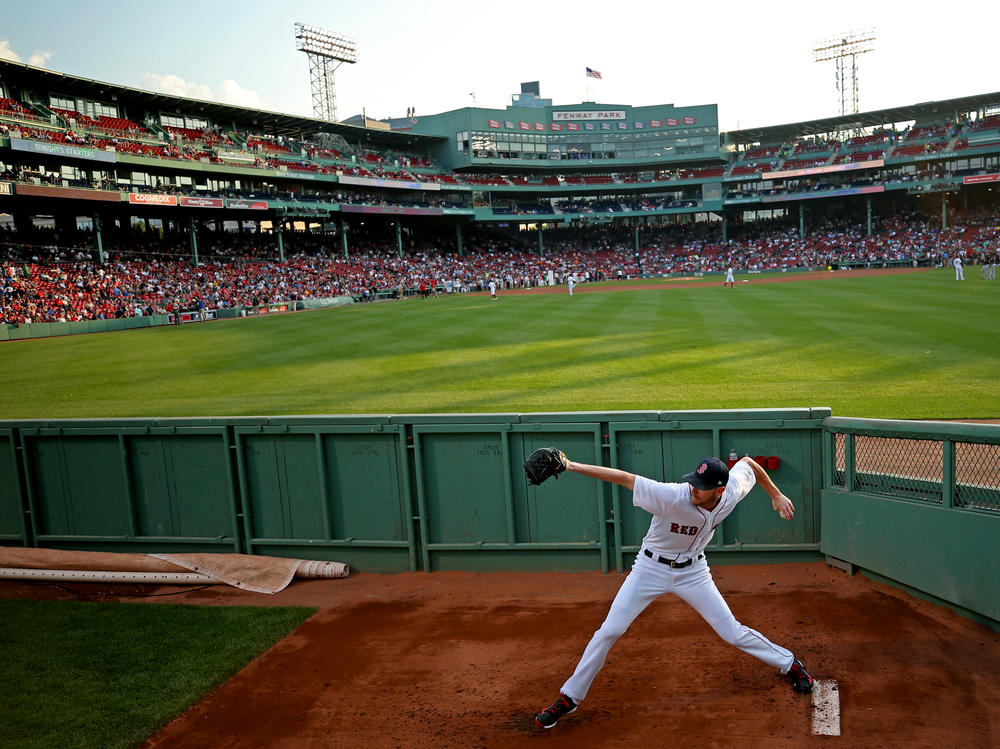Chris Sale of the Boston Red Sox warms up in the bullpen before a game against the Cleveland Indians at Fenway Park on Aug. 1, 2017.