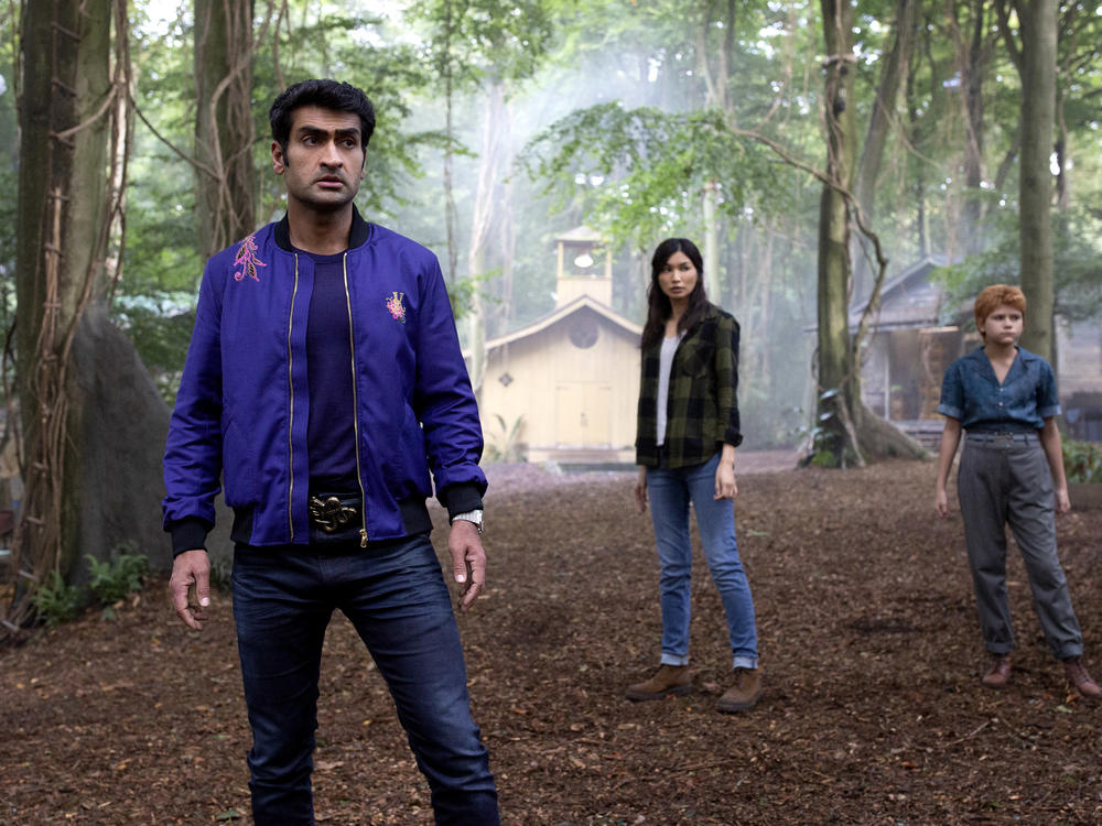 Kingo (Kumail Nanjiani), Sersi (Gemma Chan) and Sprite (Lia McHugh).