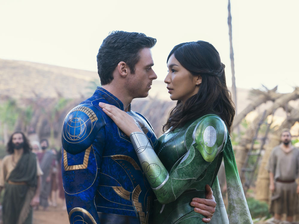 Ikaris (Richard Madden) and Sersi (Gemma Chan) in <em>Eternals</em>.