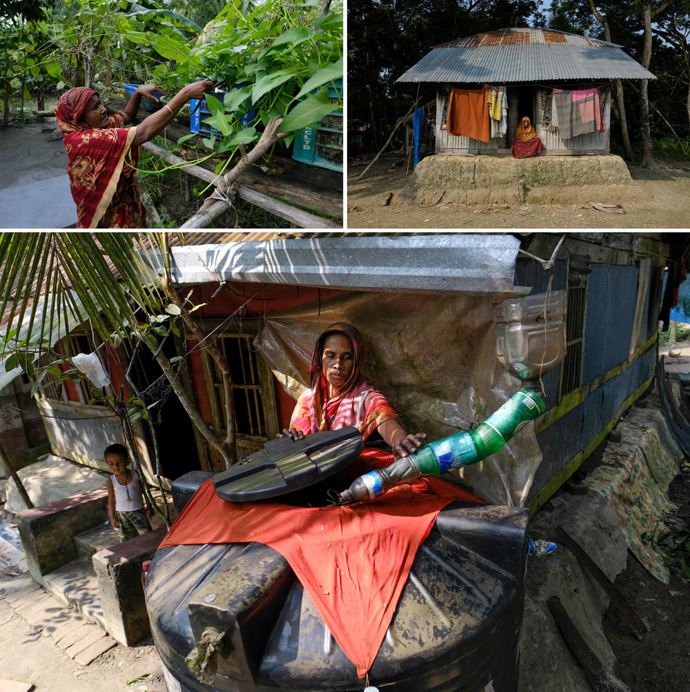 Top left: Hasina Begum grows vegetables in plastic containers high enough to be safe from flooding. Top right: Parul Begum at her home close to the Panguchi River in Morrelganj. Bottom: Khadiza Begum captures as much rainwater as possible during the monsoon season. Other sources of drinking water have become contaminated with saline water.