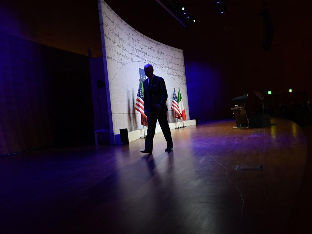 President Biden leaves the stage after addressing a press conference at the end of the G-20.