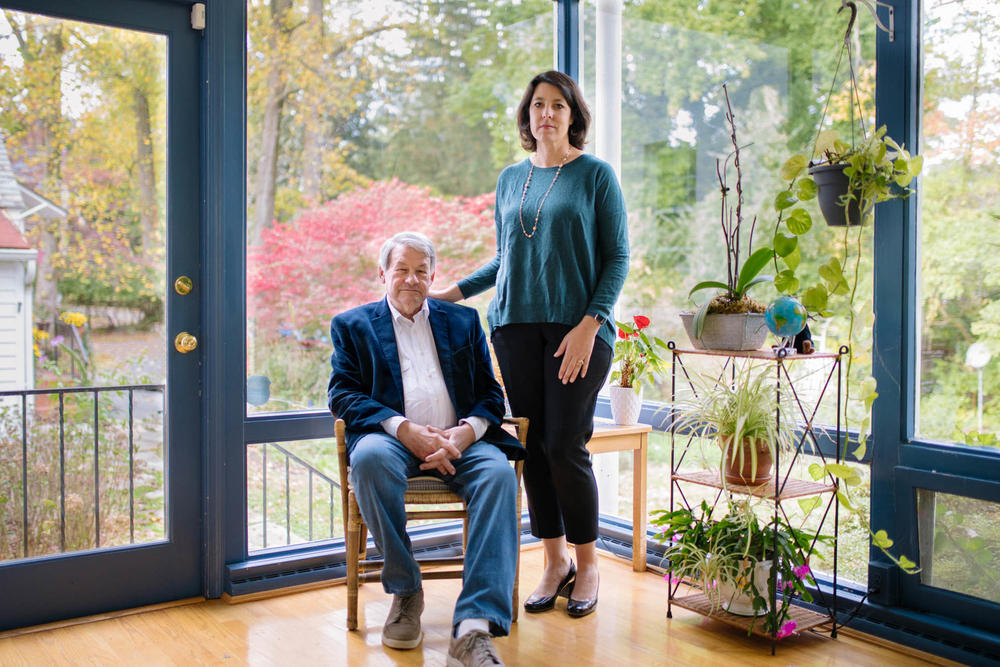 Steven and Rebecca Roberts, Cokie's husband and daughter, pose for a portrait at their home in Bethesda, Md. on Oct., 30.  Steven lives in the house he had shared with Cokie for 42 years.