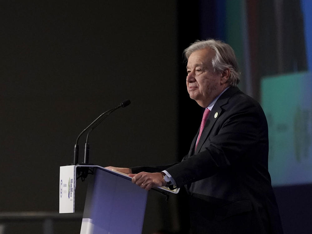 U.N. Secretary-General António Guterres speaks during the opening ceremony of the COP26 U.N. Climate Summit in Glasgow, Scotland, on Monday.