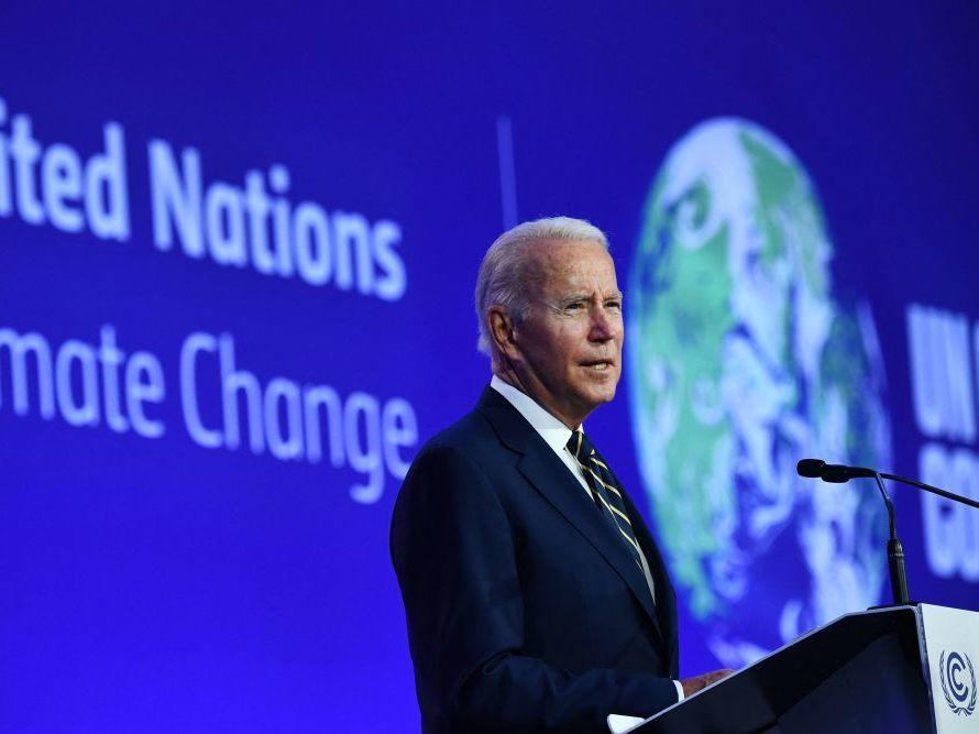 President Biden delivers a speech during the COP26 United Nations Climate Change Conference in Glasgow, Scotland, on Monday.