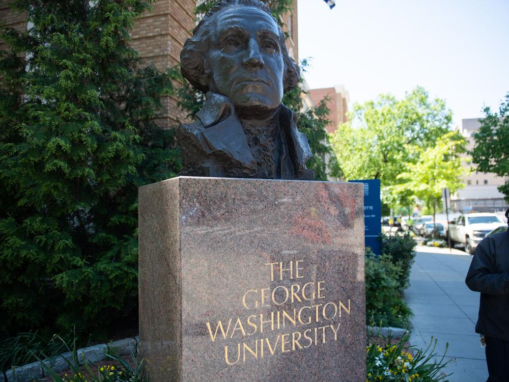 A sign on the campus of George Washington University in Washington, D.C., where a Torah belonging to an on-campus fraternity was vandalized in what officials are calling an antisemitic attack.