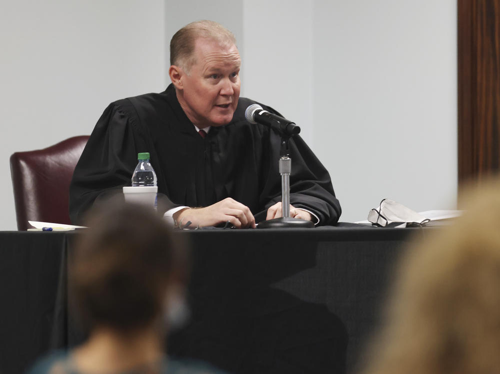Judge Timothy Walmsley presides over the jury selection process in the trial of the men charged with killing Ahmaud Arbery at the Glynn County Superior Court, on October 27, 2021 in Brunswick, Ga.