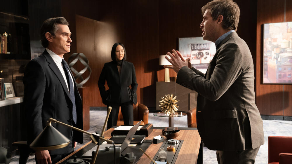 Cory (Billy Crudup) and Stella (Greta Lee) get updates from Chip (Mark Duplass).