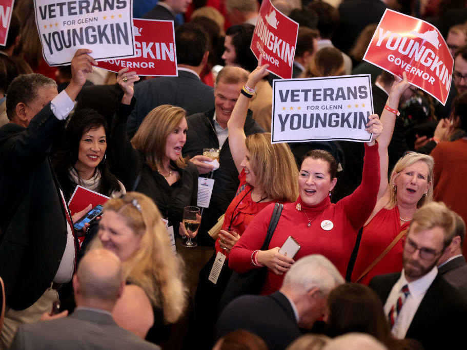 Supporters of Virginia Republican gubernatorial candidate Glenn Youngkin celebrate during an election night rally on Tuesday in Chantilly, Va.