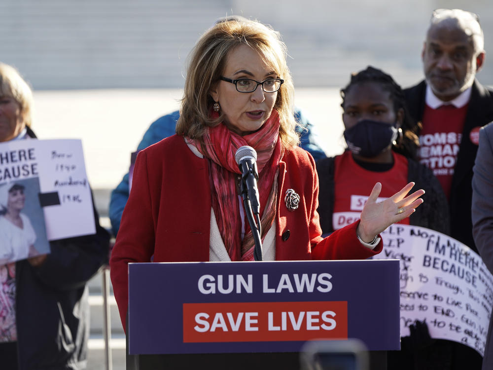 Former Arizona congresswoman and shooting survivor Gabby Giffords speaks during a demonstration with victims of gun violence in front of the Supreme Court as arguments begin in a major case on gun rights on November 3, 2021 in Washington, DC.