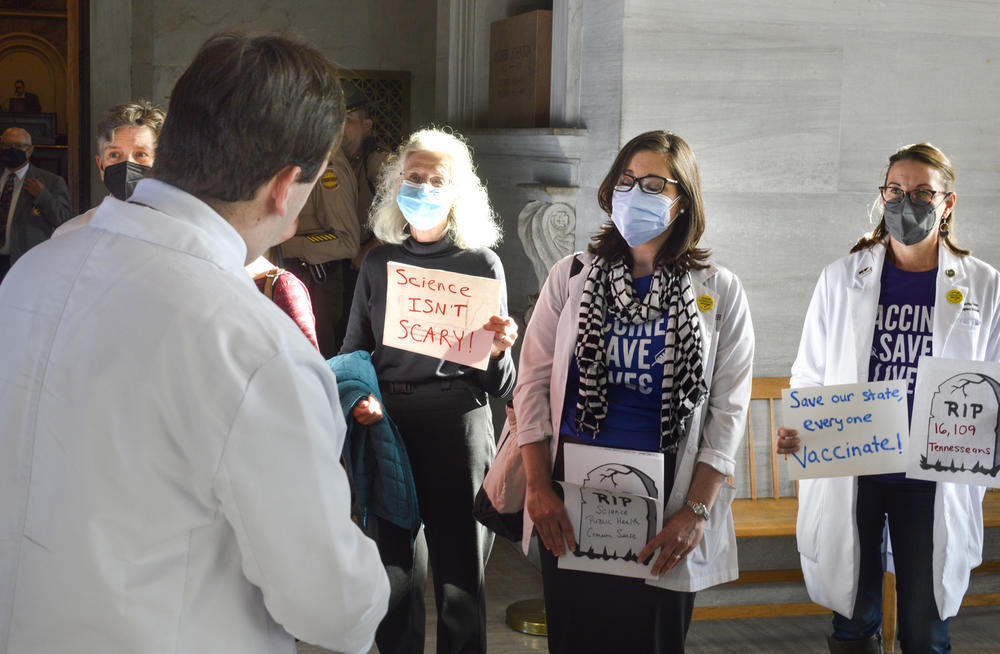 Doctors protested at the Tennessee state capitol on Oct. 27 while lawmakers held a special legislative session aimed at rolling back COVID-19 restrictions. One proposal seeks to protect the licenses of doctors who want to try experimental treatments. The legislative package passed both houses Oct. 30 and now awaits the governor's signature.