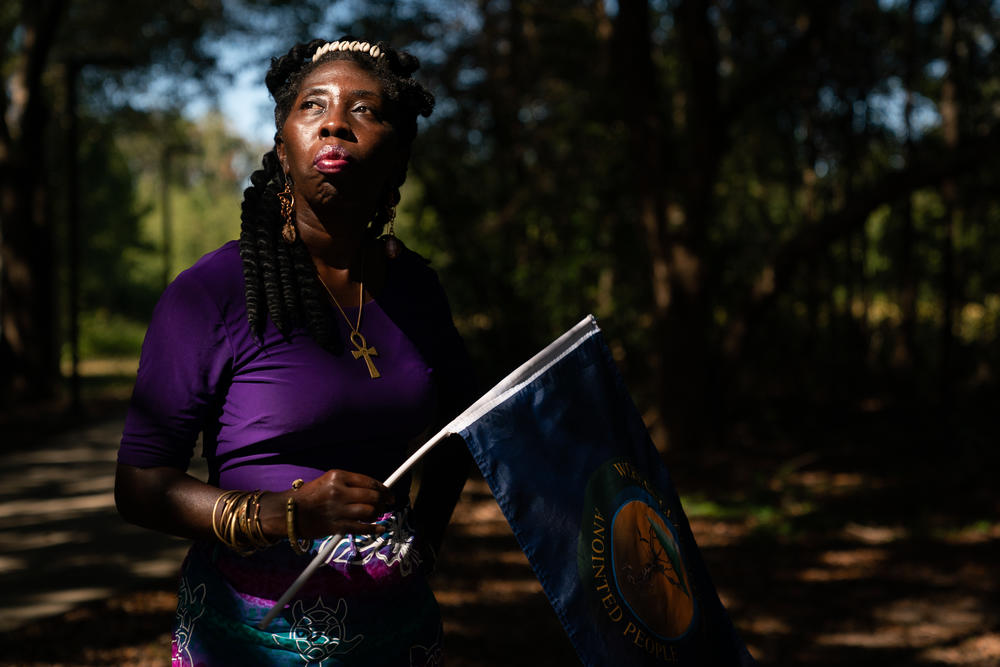 Queen Quet, Chieftess of the Gullah/Geechee Nation, at the St. Helena branch library on St. Helena Island, S.C. She points to overdevelopment in coastal communities as a factor exacerbating the effects of climate change.
