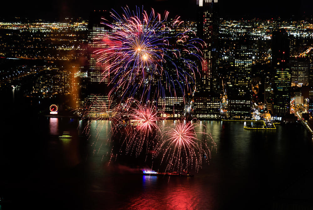 Fireworks celebrating Diwali light up over the Hudson River in New York City.