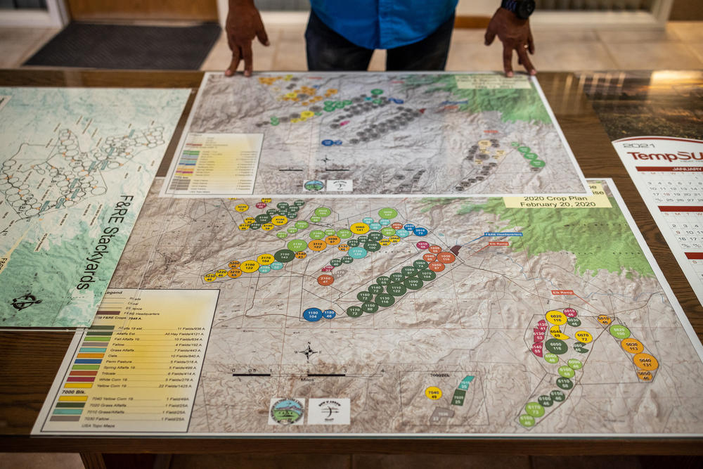 Simon Martinez, ranch manager, shows a map of planted fields from 2020 and 2021 at Ute Mountain Ute Farm and Ranch. The farm used only 8 of their 110 fields in 2021. By contrast, in 2020 it used 109 of 110.