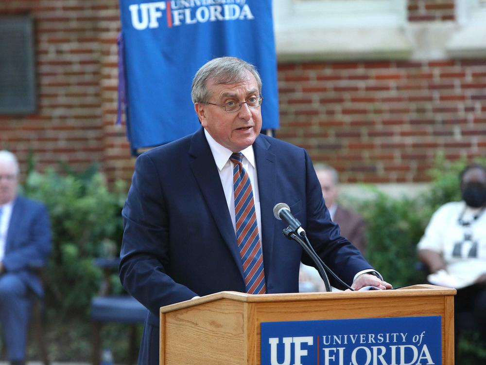 Kent Fuchs, the president of the University of Florida, delivers comments during a ceremony in Gainesville, Fla., on Sept. 15.