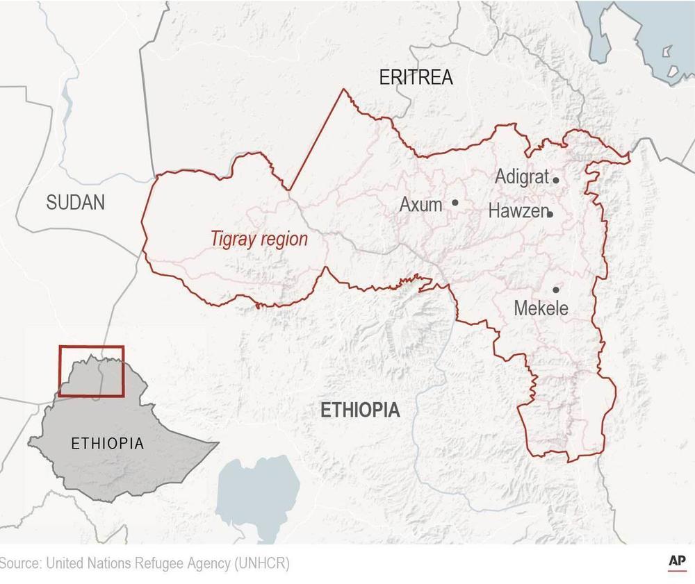 A map showing Ethiopia's Tigray region, highlighting key cities.
