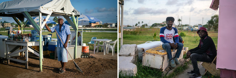 Already, high tides periodically wash over the top of the seawall. Left: Brian Pramo believes the government will make the seawall higher. The only alternative is to swim, he jokes. Right: Owen Stewart and Sherman John sit near the seawall. Stewart is optimistic that oil development will help Guyana. 