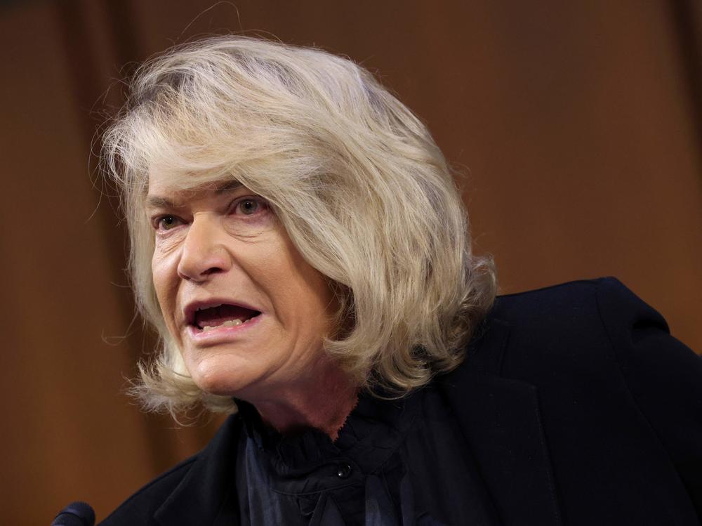 Sen. Cynthia Lummis, R-Wyoming, (R-WY) questions Treasury Secretary Janet Yellen and Federal Reserve Chairman Jerome Powell during a Senate Banking, Housing and Urban Affairs Committee hearing on Sept. 28 in Washington, D.C. Lummis calls herself a 