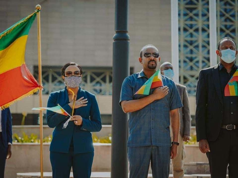 Ethiopian Prime Minister Abiy Ahmed and his wife Zinash Tayachew take part in a memorial service for the victims of the Tigray conflict organized by the city administration, in Addis Ababa, Ethiopia, on Wednesday.