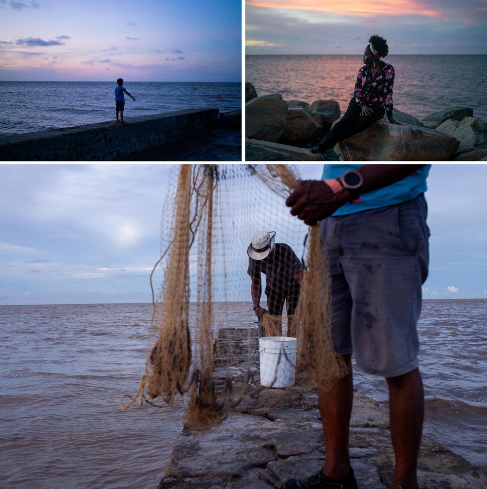 Dusk near Georgetown's seawall offers a respite from the heat of the day. Singer Jackie Jaxx (top right) has written a song inspired by the muddy waters near Georgetown, which are dark with sediment carried from the inland rainforests. 