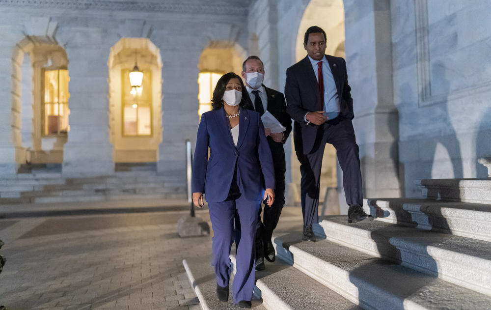 The bill had been stalled by infighting between progressives, like Rep. Pramila Jayapal, D-Wash. (left), and Rep. Joe Neguse, D-Colo. (right), and moderates, like Rep. Josh Gottheimer, D-N.J.