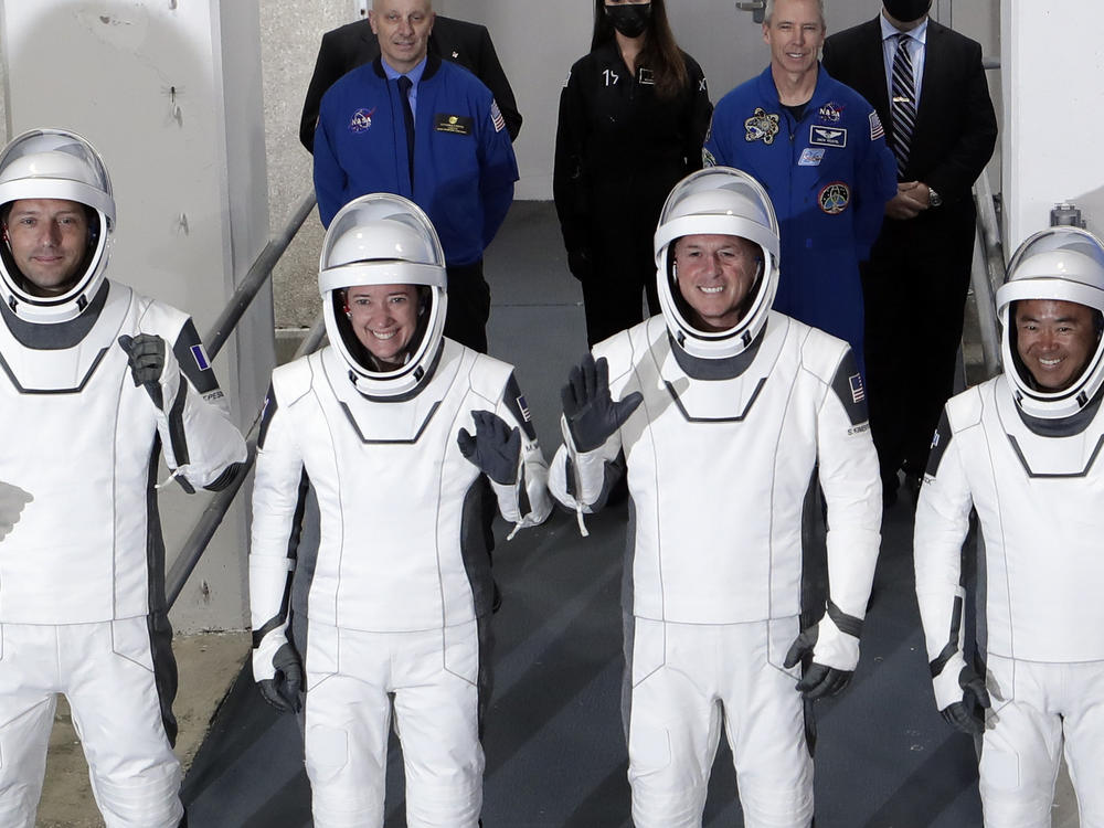The Crew Dragon space capsule astronauts, from front left, European Space Agency astronaut Thomas Pesquet, NASA astronaut Megan McArthur, NASA astronaut Shane Kimbrough and Japan Aerospace Exploration Agency astronaut Akihiko Hoshide.