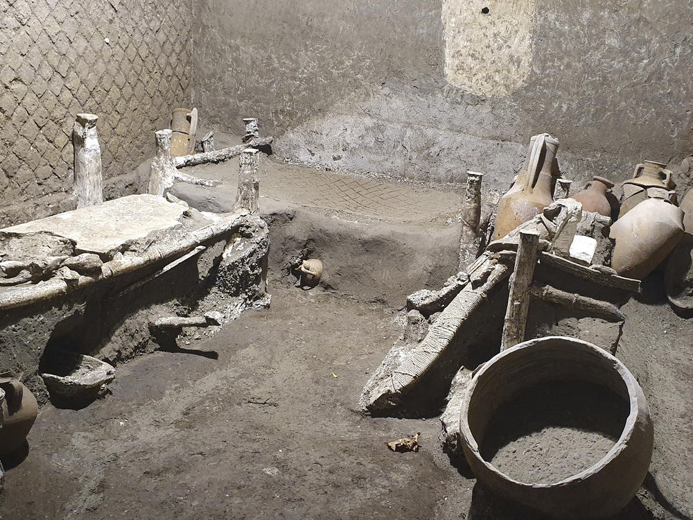 A view of the latest finding in Pompeii, Italy. Archeologists, excavating a villa amid the ruins of the 79 A.D. volcanic eruption, have discovered a room that served as both a dormitory and storage area.