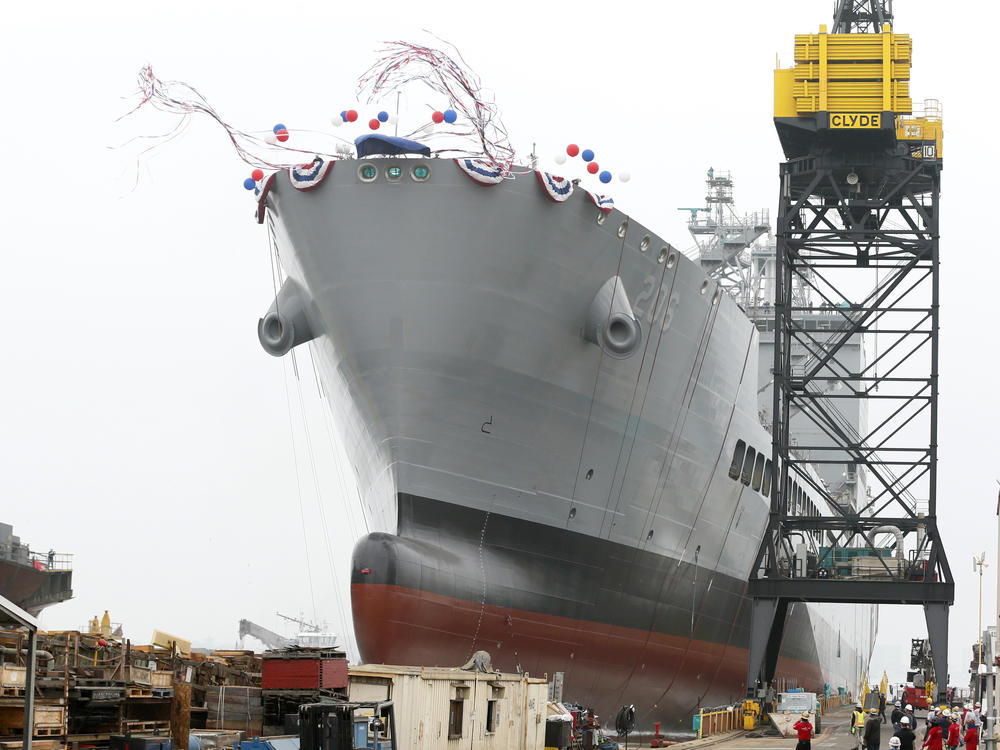 The U.S. Navy launches the USNS Harvey Milk in San Diego, Saturday, Nov. 6, 2021.