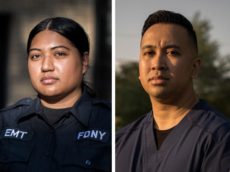 Left to right: Filipino American health care workers Karen Cantor, Karen Shoker, and John Paul Atienza were among many who cared for COVID patients in the early days of the pandemic.
