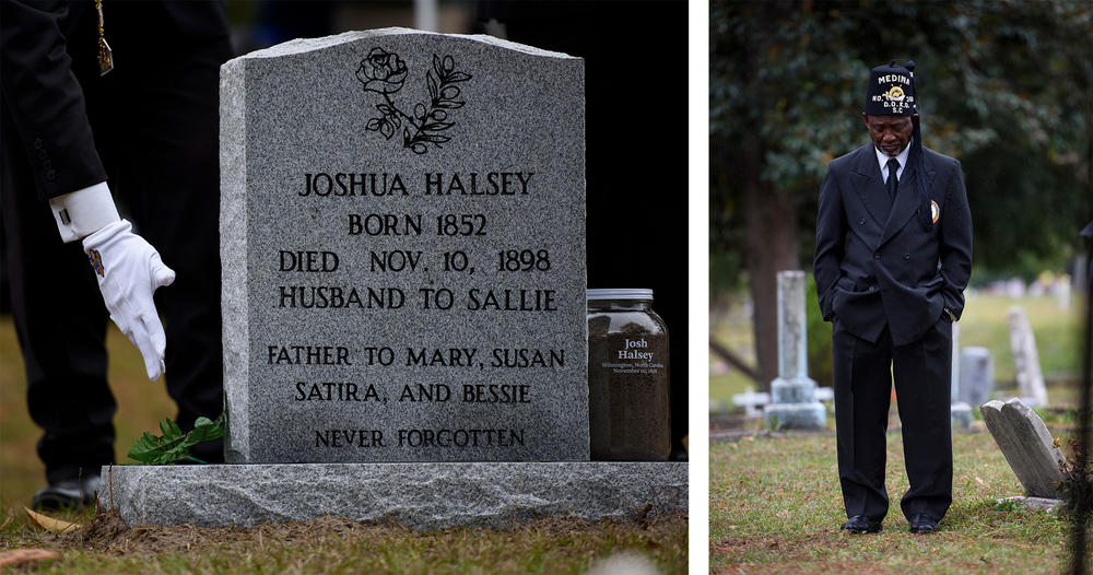 Members of the Grand Lodge of South Carolina honor Joshua Halsey at his gravesite at the Pine Forest Cemetery in Wilmington, N.C., on Nov. 6. The ceremony was also attended by community members who remembered Halsey, who was killed in an attack by a white supremacist mob in 1898.