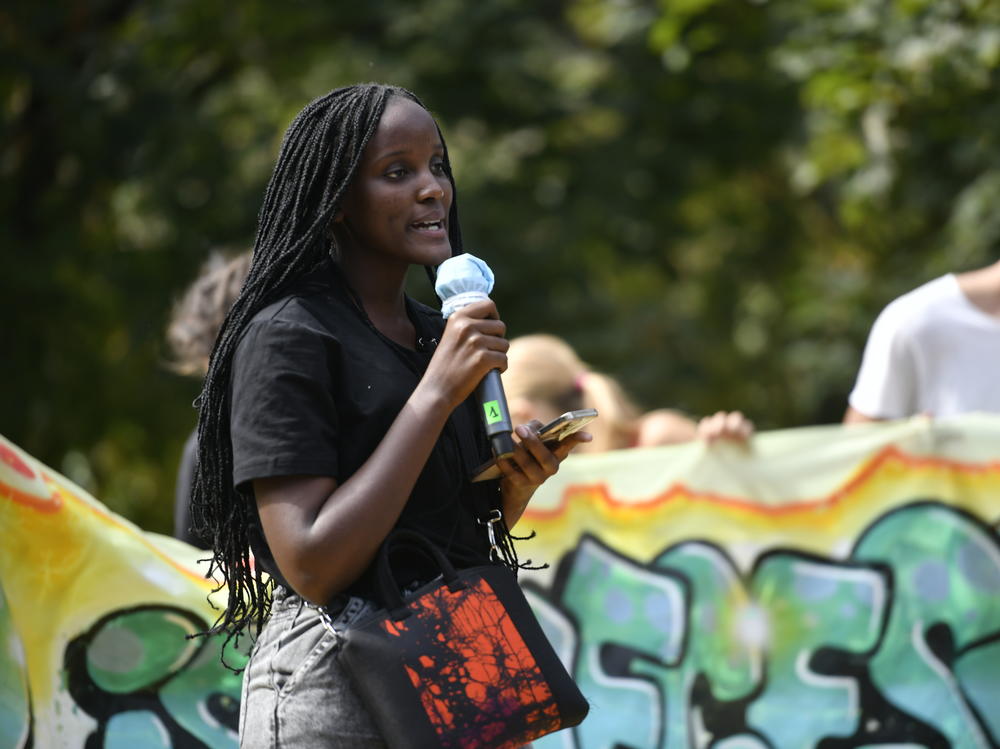 Vanessa Nakate speaks during the climate strike march on October 1, 2021 in Milan, Italy.