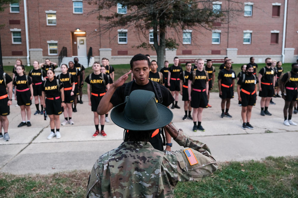 Drill Sgt. Joni Jackson renders a salute in formation at Fort Meade.
