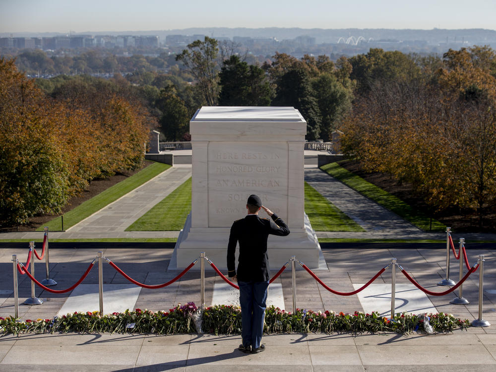 After placing flowers, a person in military uniform salutes at the Tomb of the Unknown Soldier.