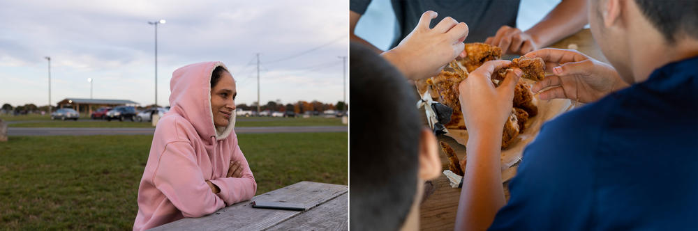 Vargas and Alex's children enjoy chicken as an after-school snack at the park where their family spends each afternoon.