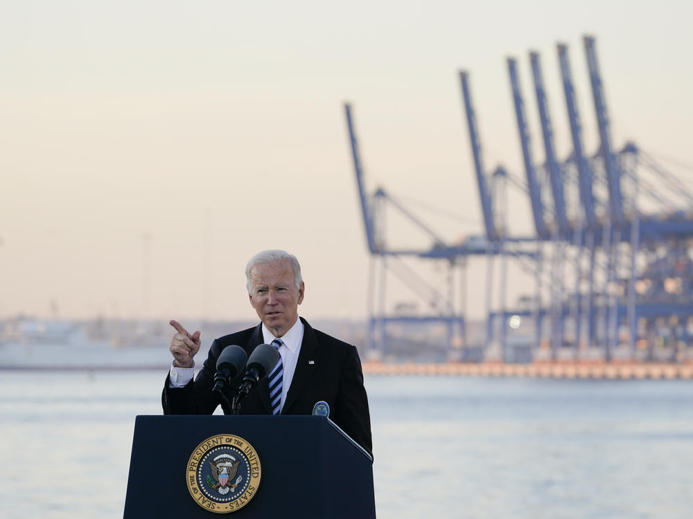 President Biden speaks during a visit to the Port of Baltimore on Nov. 10. He has said the United States needs to invest in infrastructure to help catch up to China.