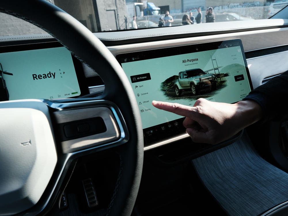 The interior of Rivian's all-electric pickup truck R1T as it sits at one of the automaker's facilities in Brooklyn, N.Y., on Nov. 9. The company has started deliveries of the R1T.