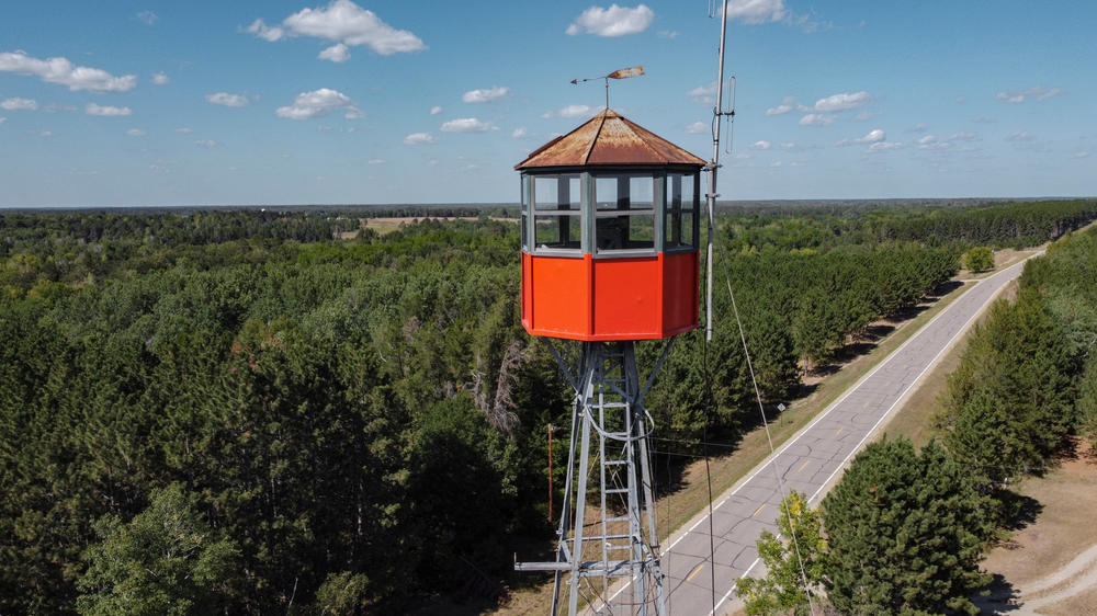 The fire tower at the DNR Forestry Station in Nimrod, Minnesota, is one of the only towers in the state still used to detect fires. Built in 1928, a 94-foot ladder leads to the tower's cab.