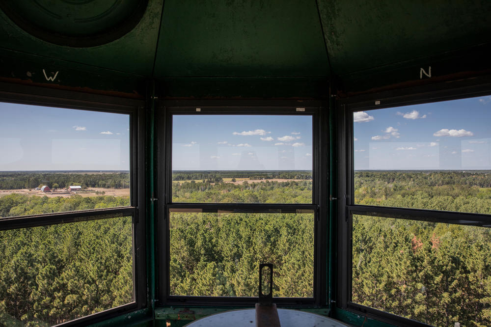 An Osborne Fire Finder, a type of alidade tool used to locate fires, inside the cab of the fire tower at the DNR Forestry Station in Nimrod, Minnesota. The tower in Nimrod is one of the only fire towers in the state still actively used for fire detection.