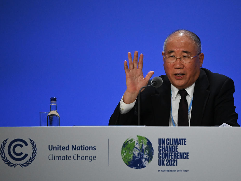 China's special climate envoy, Xie Zhenhua, speaks during the joint U.S.-China statement at the COP26 climate summit.