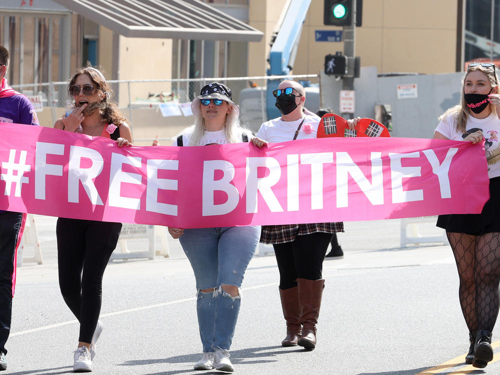 #FreeBritney activists outside the Stanley Mosk Courthouse during Spears' hearing in September, when a judge suspended Spears' father from her conservatorship.