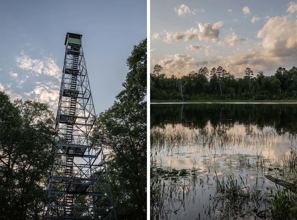 LEFT: The 100-foot Aiton Heights Fire Tower in Itasca State Park is open to the public during the spring, summer, and fall. RIGHT: Kasey Lake is on the trail that leads to Aiton Heights Fire Tower, a popular tourist attraction in Itasca State Park.