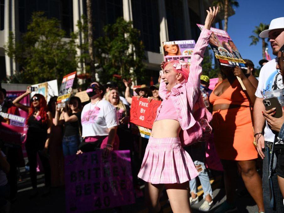 Supporters of pop star Britney Spears rally in front of the Stanley Mosk Courthouse in Los Angeles on Friday, ahead of her conservatorship hearing.