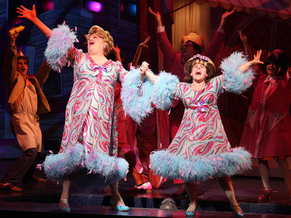 Harvey Fierstein and Marissa Jaret Winokur onstage in the musical <em>Hairspray</em> in 2008, with costumes by William Ivey Long.